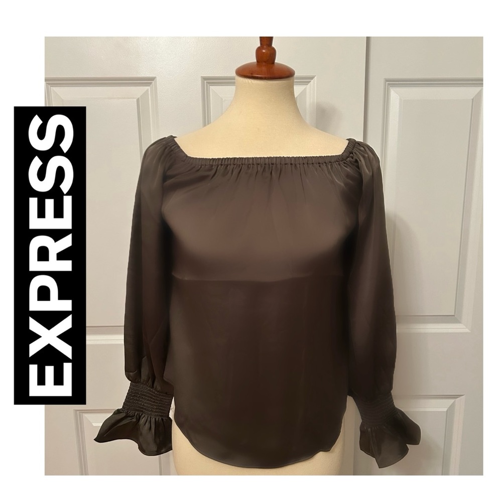 EXPRESS Silky Olive Green Off the Shoulder Blouse with Ruffle Sleeves 🆕
